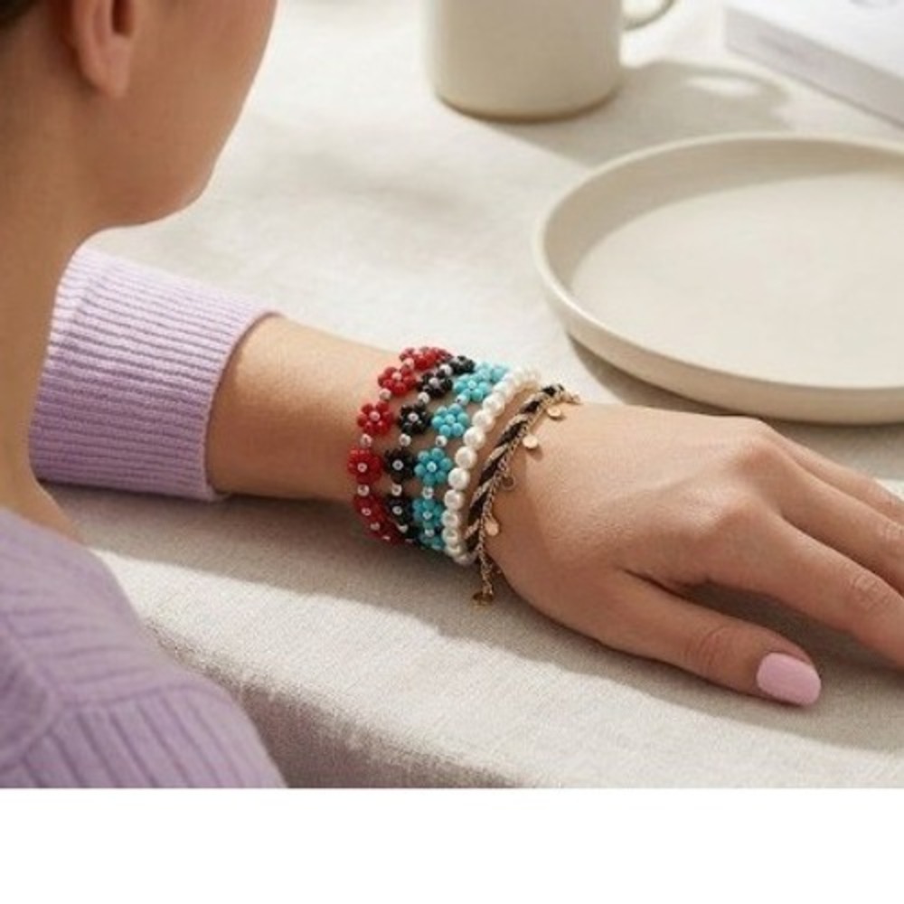 Hand Beaded Flower Charm Bracelet Set Multicolor Y2K Floral Aesthetic‎